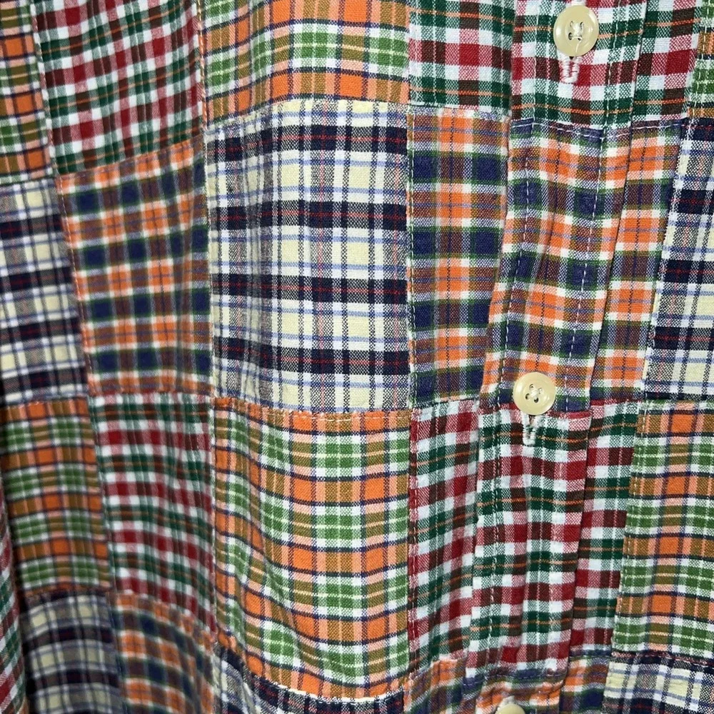 Vtg J. Crew Oarsman Multicolor Patchwork Madras Plaid Button Down Shirt Men XL